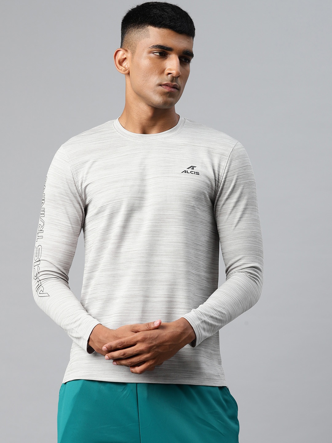 

Alcis Men Typography Printed Dry Tech Slim Fit Sports T-shirt, Grey melange