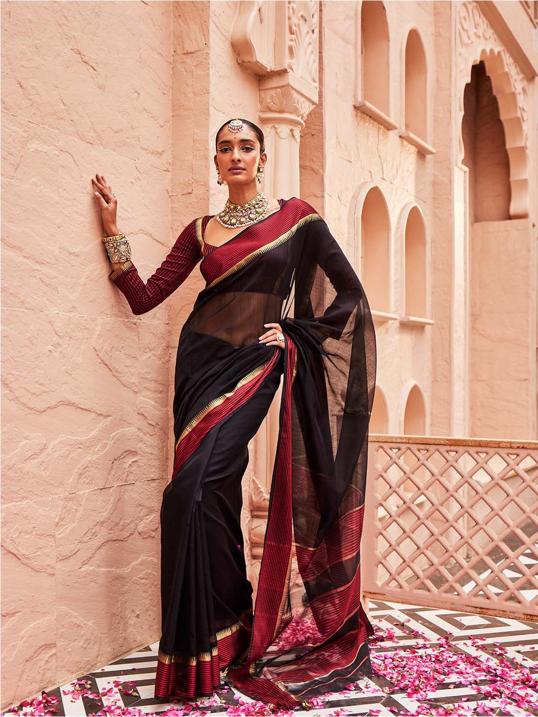 

Meena Bazaar Zari Border Cotton Saree, Black