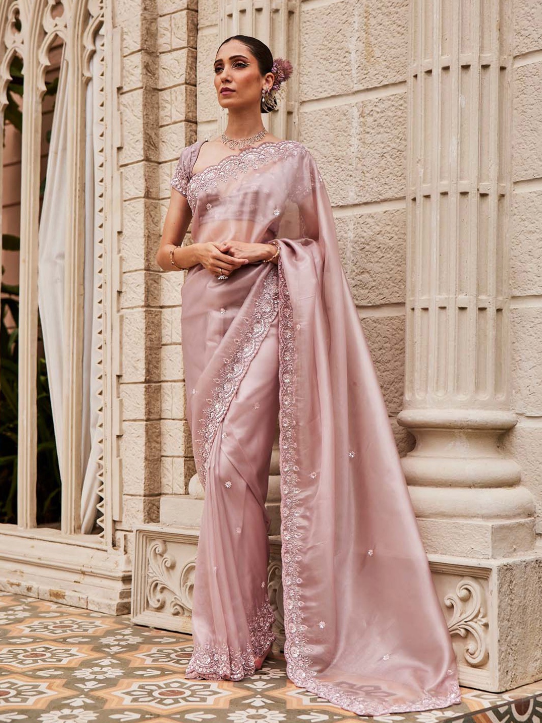 

Meena Bazaar Embellished Sequinned Organza Saree, Pink