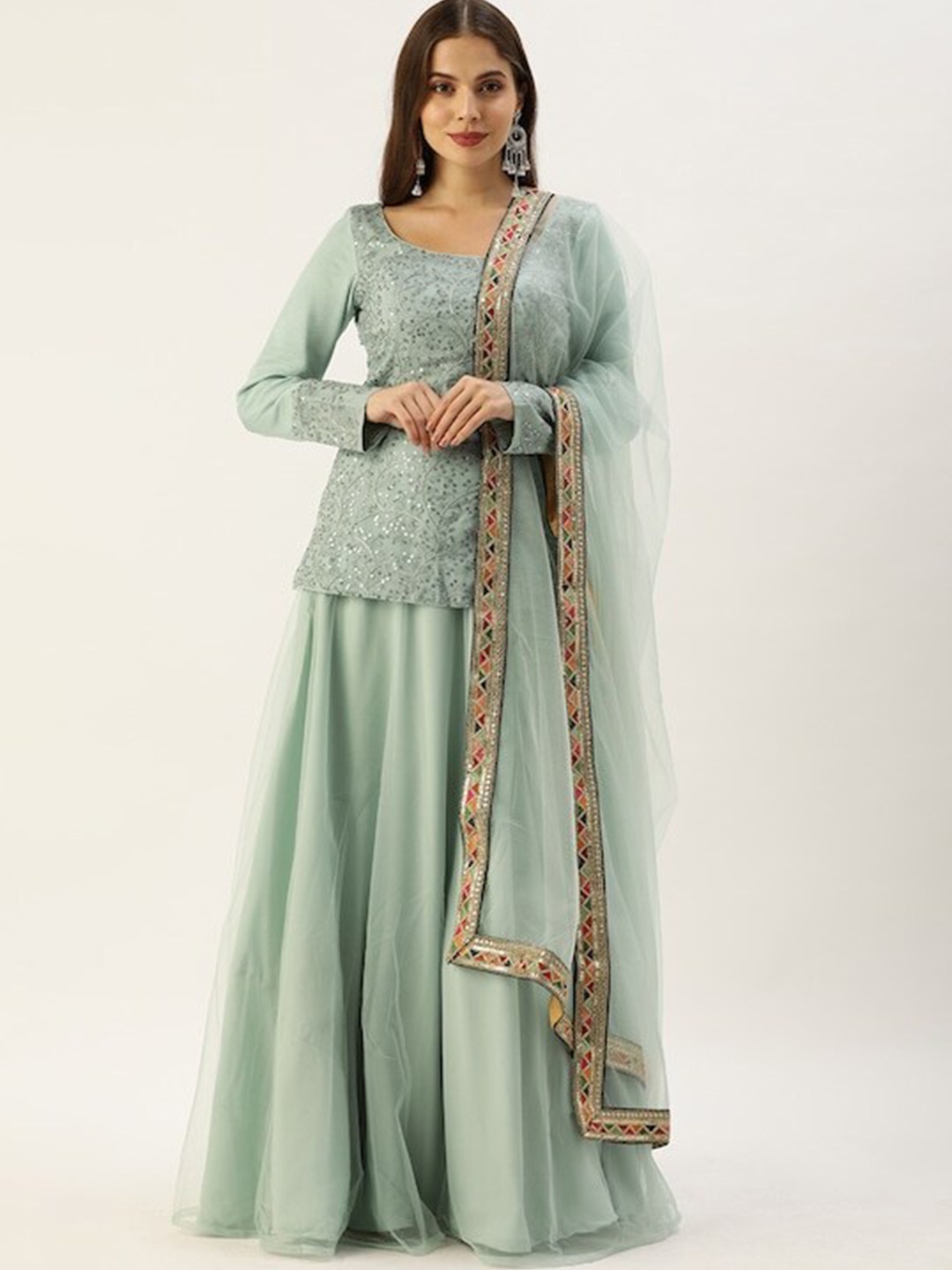 

Ethnovog Emboidered Sequined Ready to Wear Lehenga & Blouse With Dupatta, Green