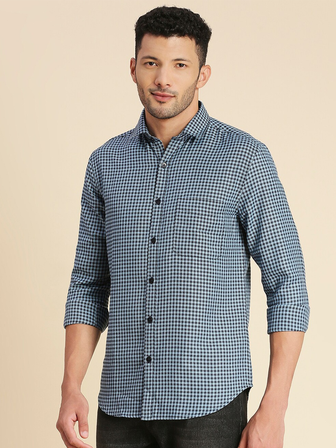 

encore by INVICTUS Original Slim Fit Micro Checked Casual Shirt, Blue