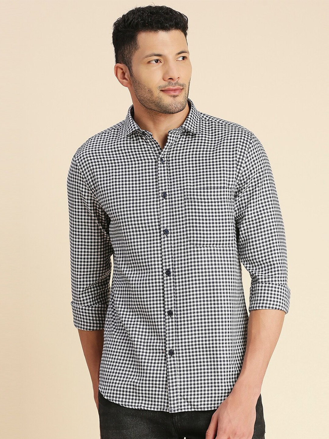 

encore by INVICTUS Men Original Slim Fit Gingham Checked Casual Shirt, White