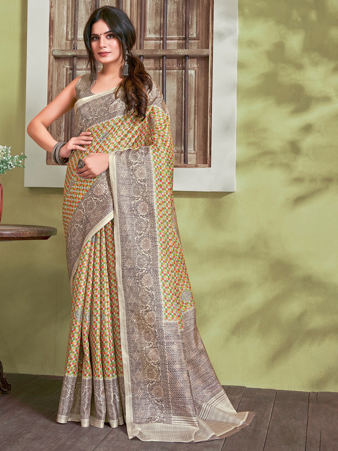 

Saree mall Green & Red Ethnic Motifs Printed Silk Cotton Sarees