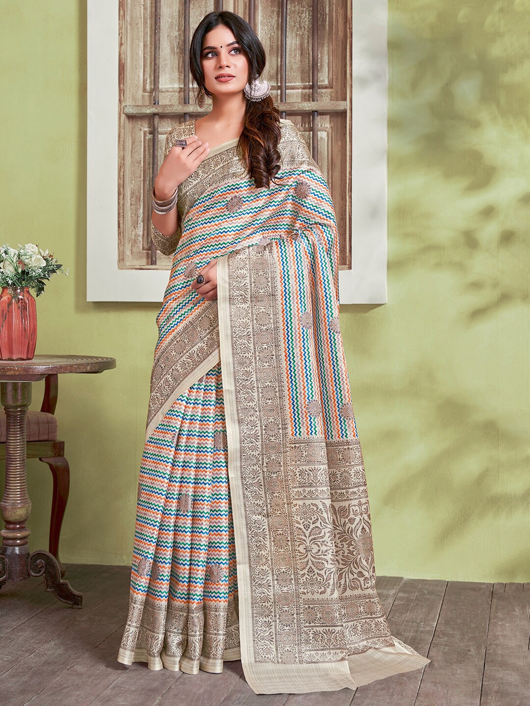 

Saree mall Cream-Coloured & Blue Leheriya Printed Sarees