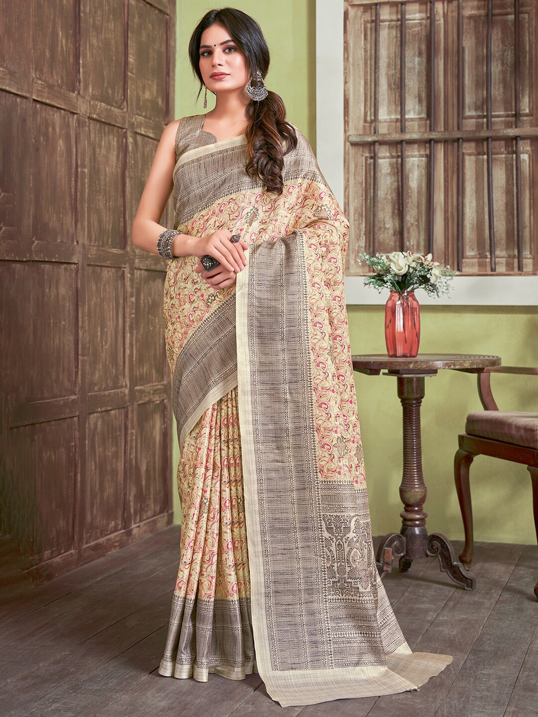 

Saree mall Yellow & Orange Silk Cotton Bagru Sarees