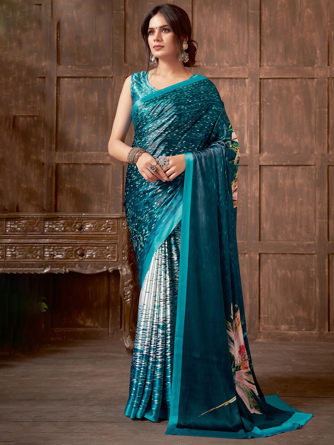 

Saree mall Teal & White Floral Printed Sarees
