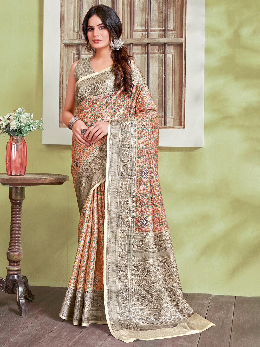 

Saree mall Beige & Black Ethnic Motifs Printed Silk Cotton Saree