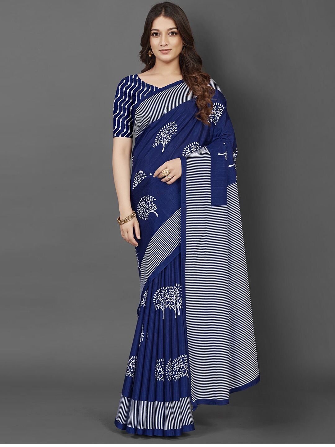 

Saree mall Blue & White Dabu Art Silk Dabu Sarees