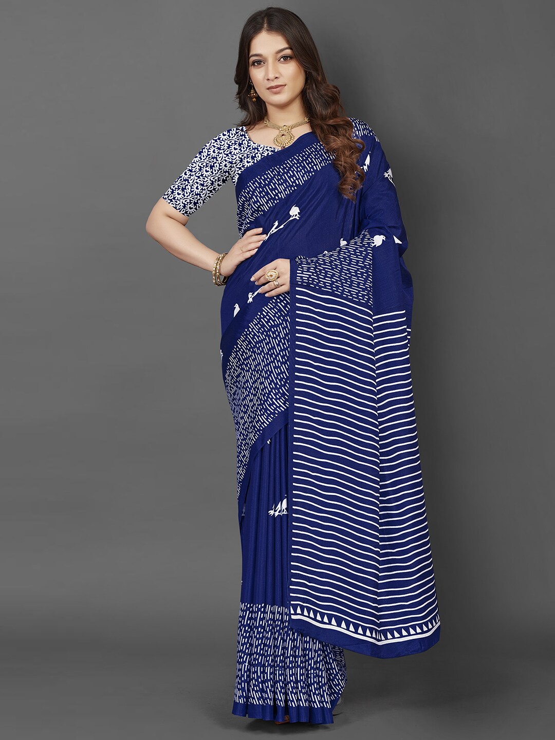 

Saree mall Blue & White Dabu Printed Art Silk Dabu Sarees