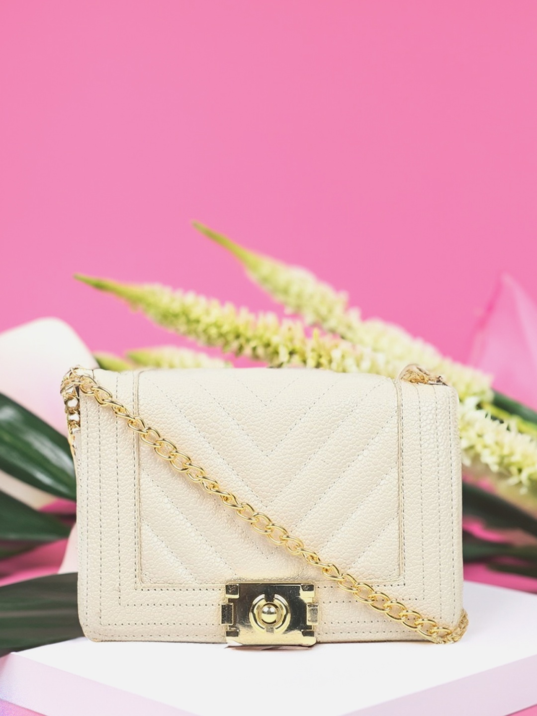 

Carlton London Textured Structured Sling Bag With Quilted, Beige