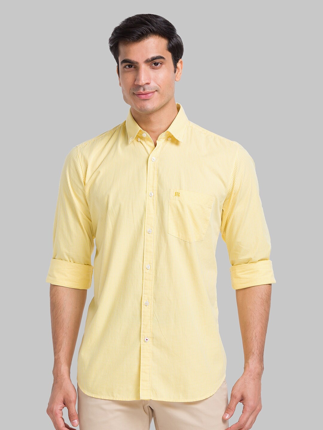 Raymond Micro Checked Button-Down Collar Pure Cotton Casual Shirt, Yellow
