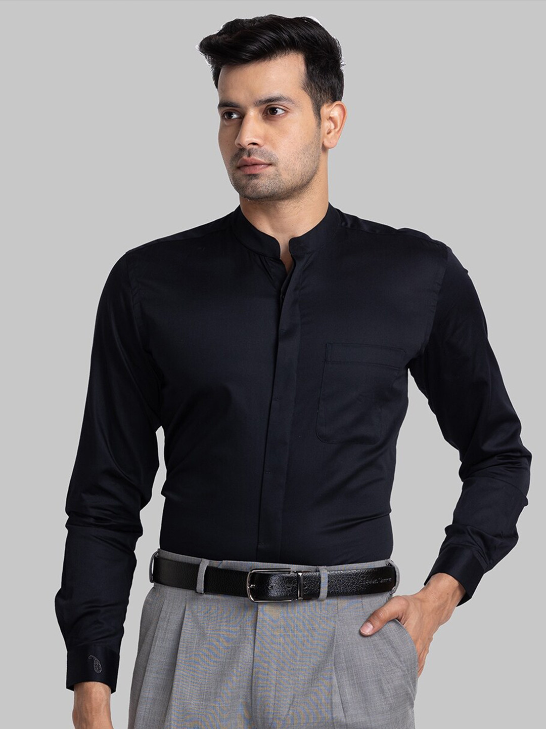 

Raymond Mandarin Collar Contemporary-Fit Organic Cotton Formal Shirts, Navy blue