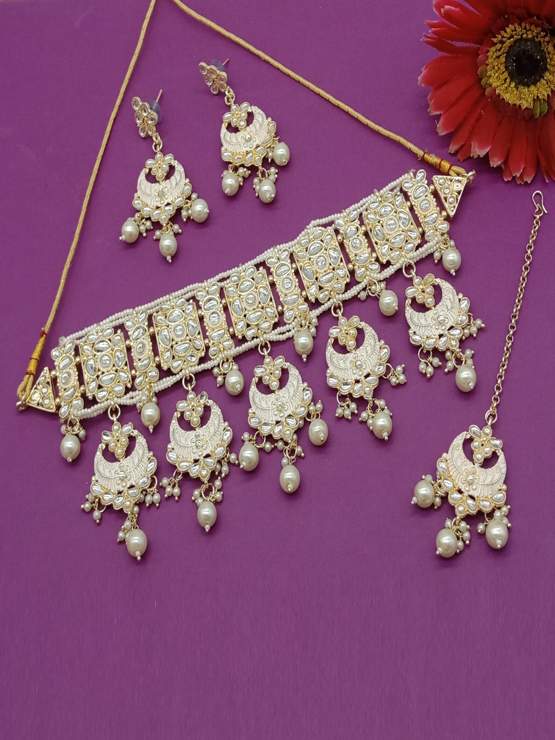 

AASHISH IMITATION Gold-Plated Kundan-Studded & Beaded Meenakari Jewellery Set
