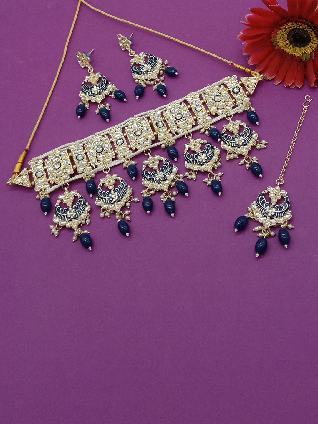 

AASHISH IMITATION Gold-Plated Kundan-Studded & Beaded Meenakari Jewellery Set