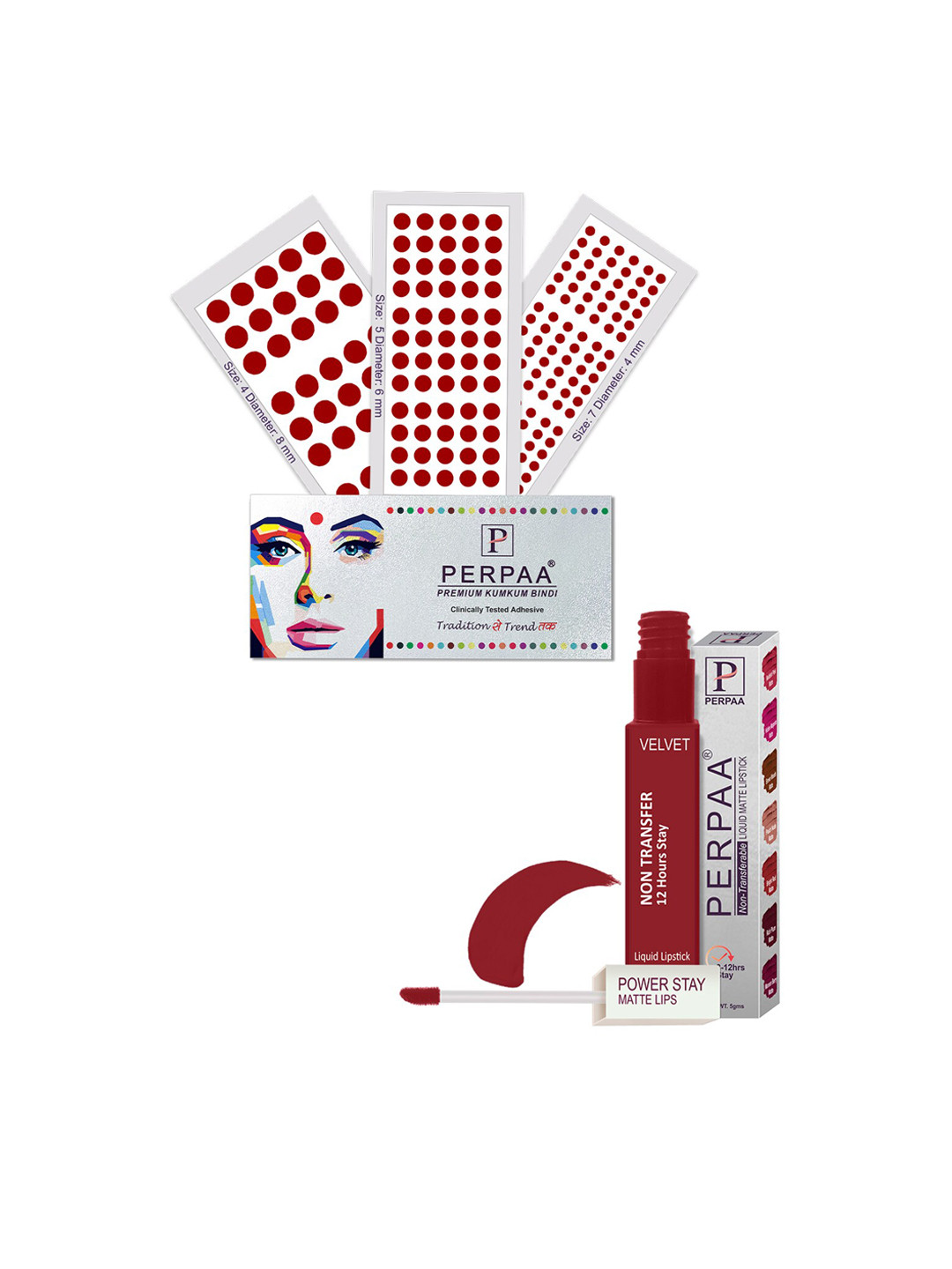 

PERPAA Power Stay Non Transfer Lipstick-22 & Set of 3 Premium Maroon Bindis -Size 04,05,07