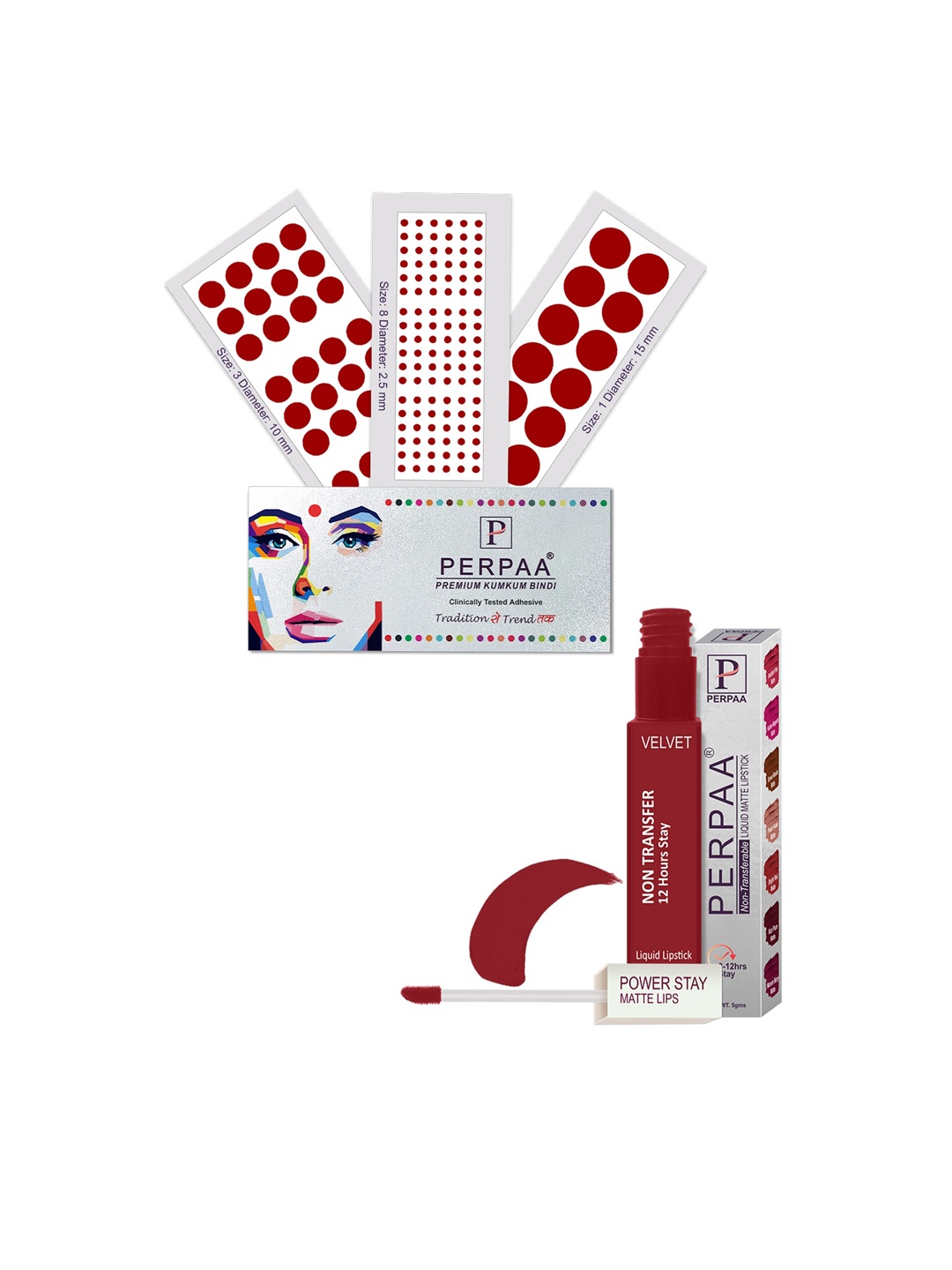 

PERPAA Power Stay Non Transfer Lipstick-22 & Set of 3 Premium Maroon Bindis -Size 01,03,08