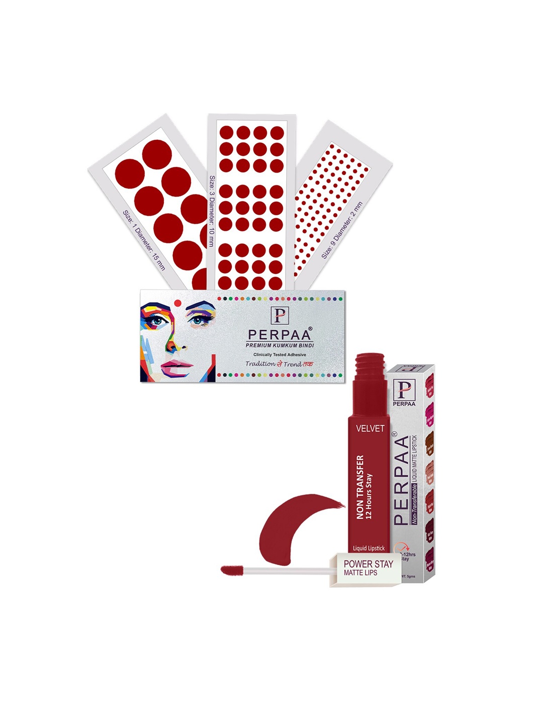 

PERPAA Power Stay Non Transfer Lipstick-22 & Set of 3 Premium Bindis - Size 01,03,09, Maroon