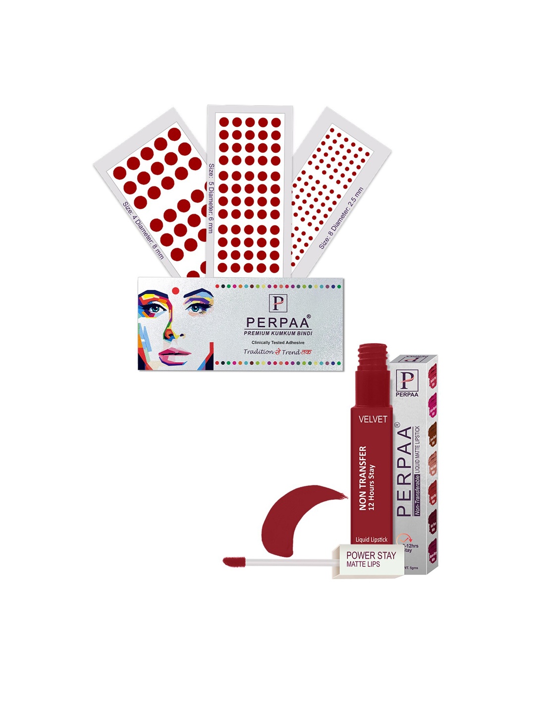 

PERPAA Power Stay Non Transfer Lipstick-22 & Set of 3 Premium Bindis - Size 04,05,08, Maroon