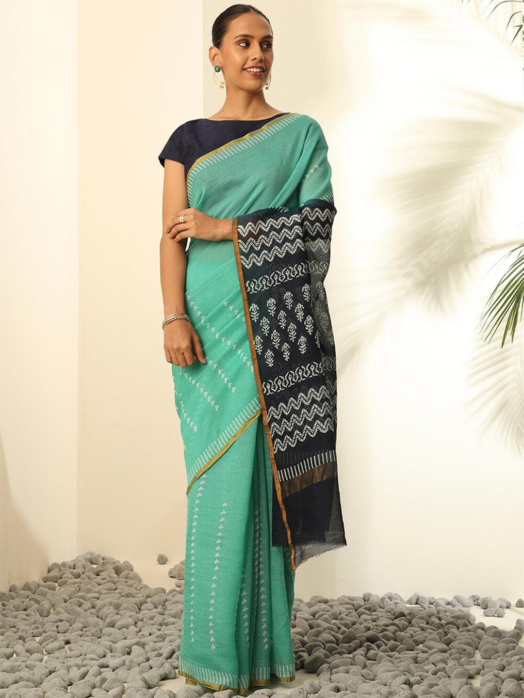 

Taneira Ethnic Motifs Printed Zari Silk Cotton Block Print Saree, Sea green