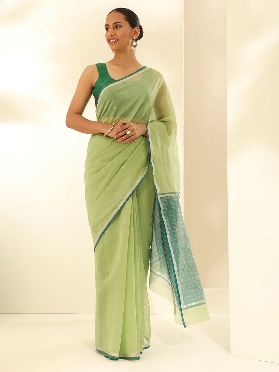 

Taneira Zari Silk Cotton Chanderi Saree, Green