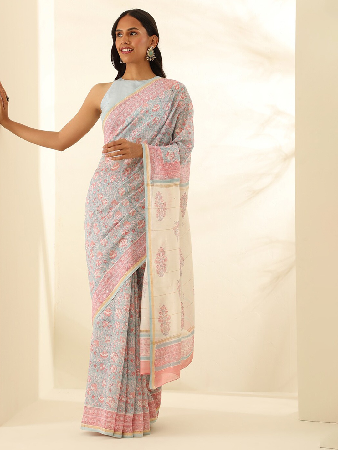 

Taneira Floral Block Printed Zari Silk Cotton Saree, Pink