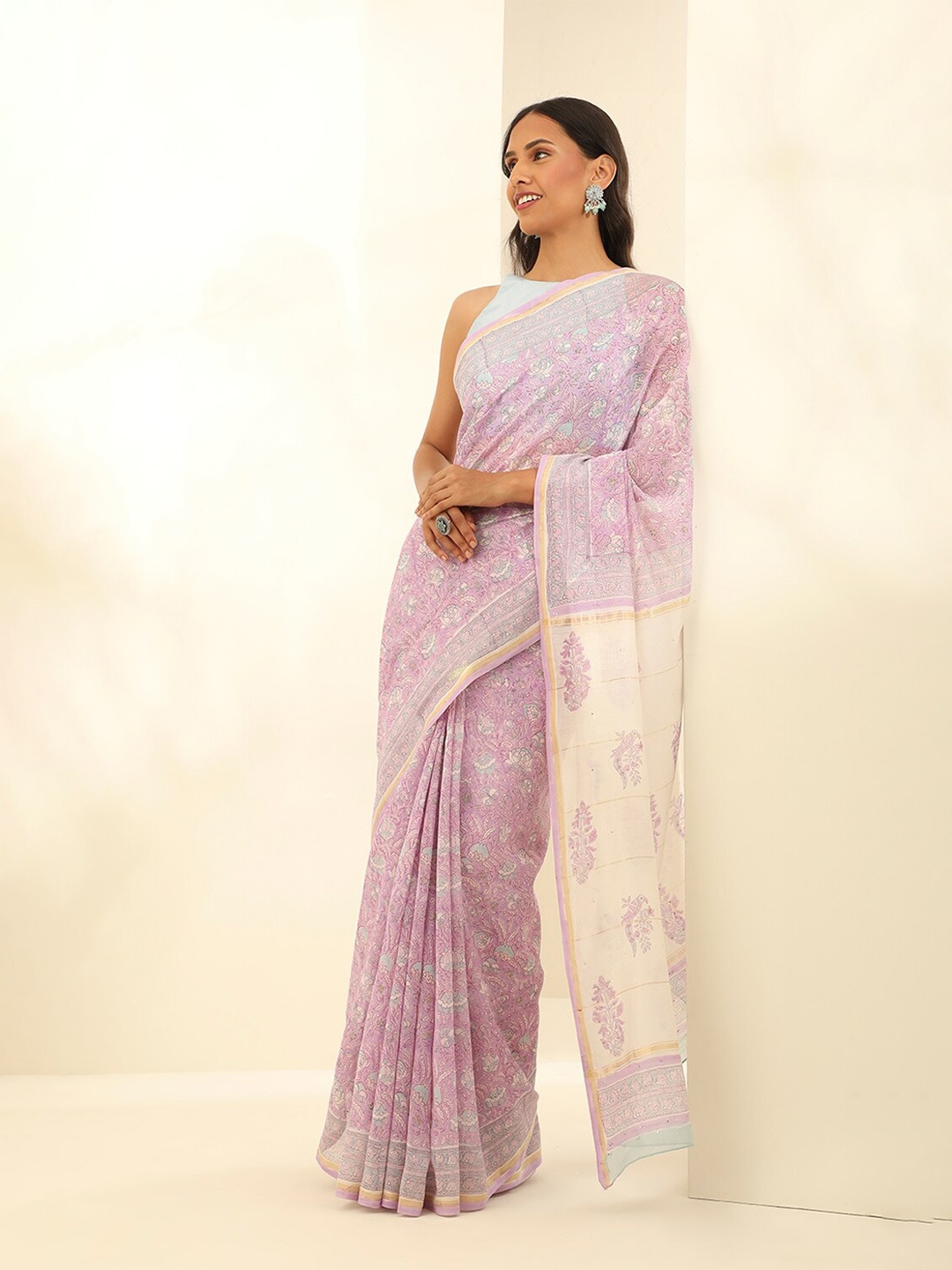 

Taneira Floral Zari Silk Cotton Block Print Saree, Purple