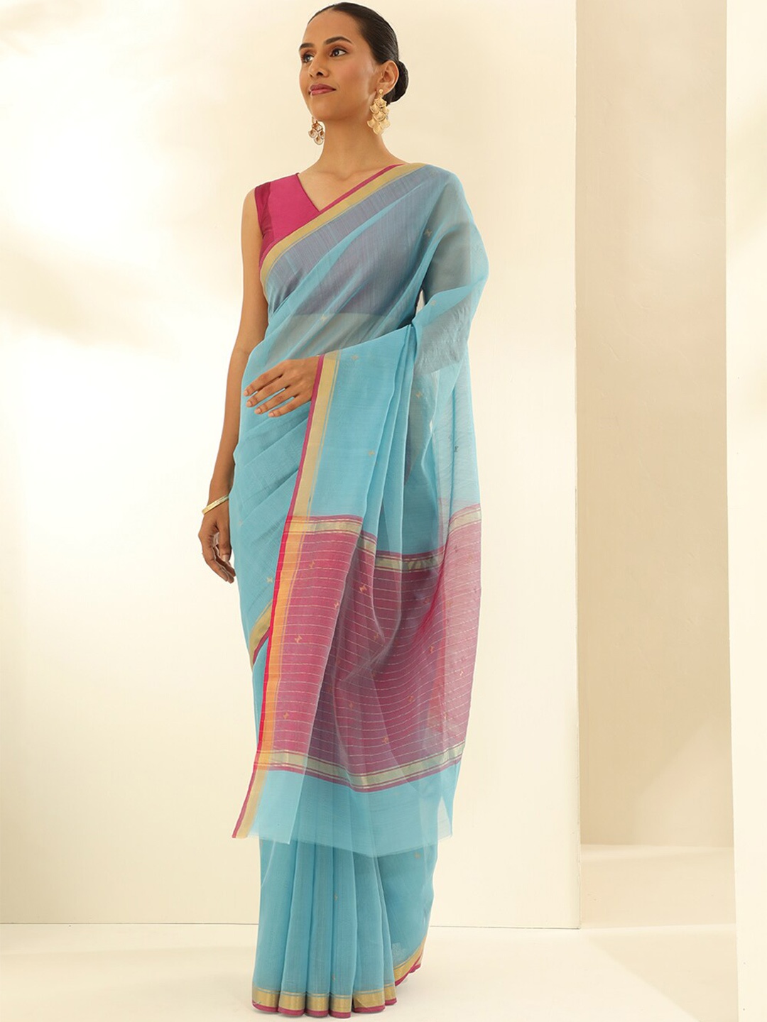 

Taneira Zari Silk Cotton Chanderi Saree, Blue