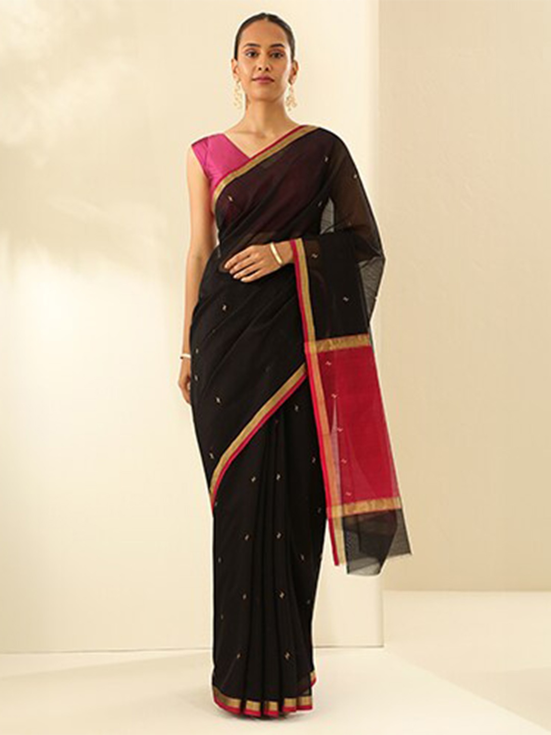 

Taneira Woven Design Zari Silk Cotton Chanderi Saree, Black