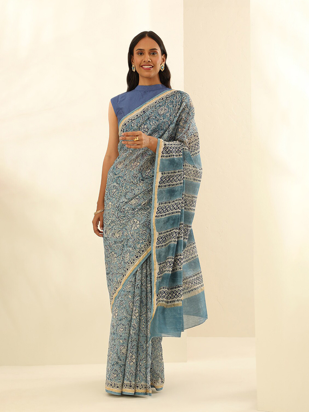 

Taneira Floral Printed Zari Silk Cotton Block Print Saree, Blue