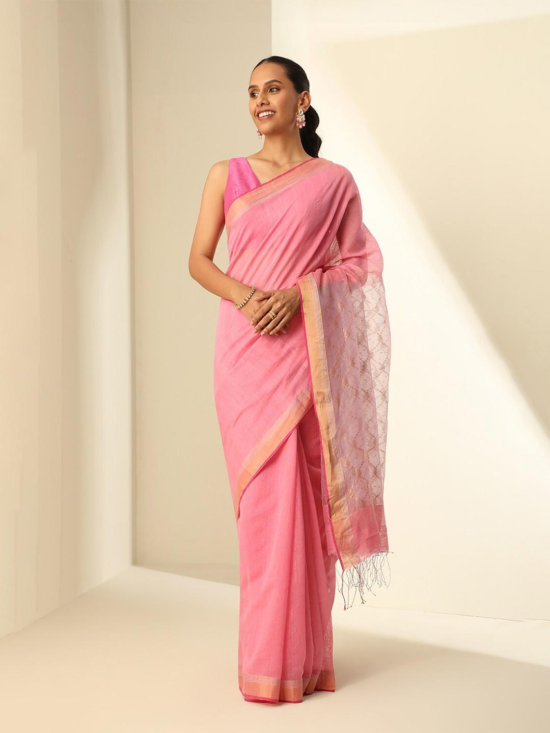 

Taneira Zari Silk Cotton Saree, Pink