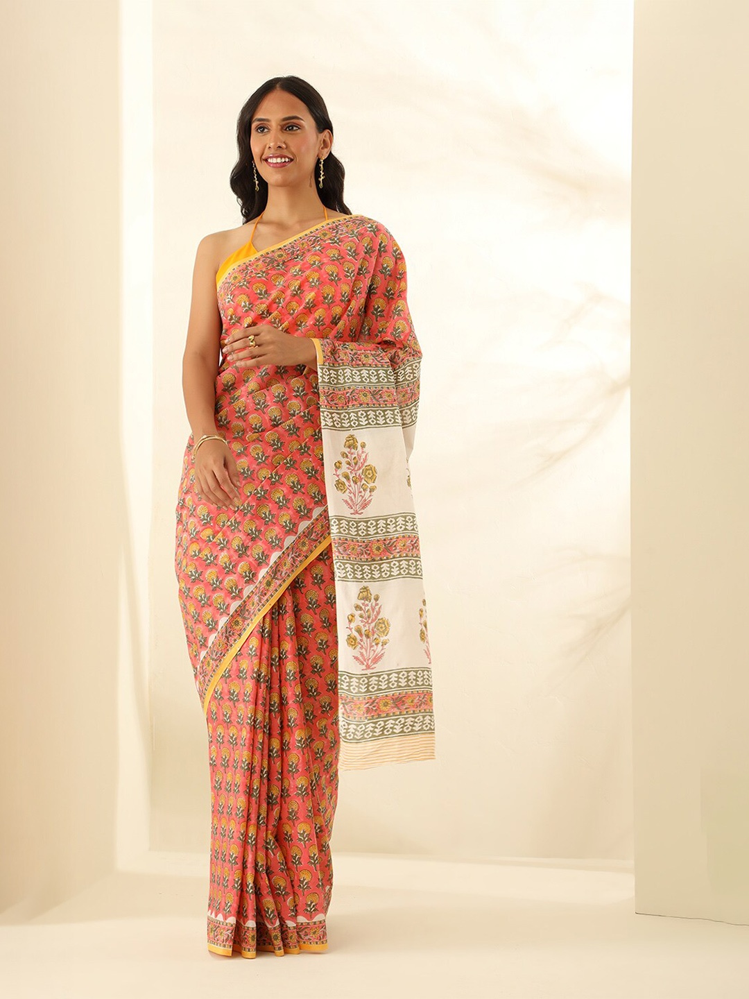 

Taneira Floral Printed Pure Cotton Block Print Saree, Orange