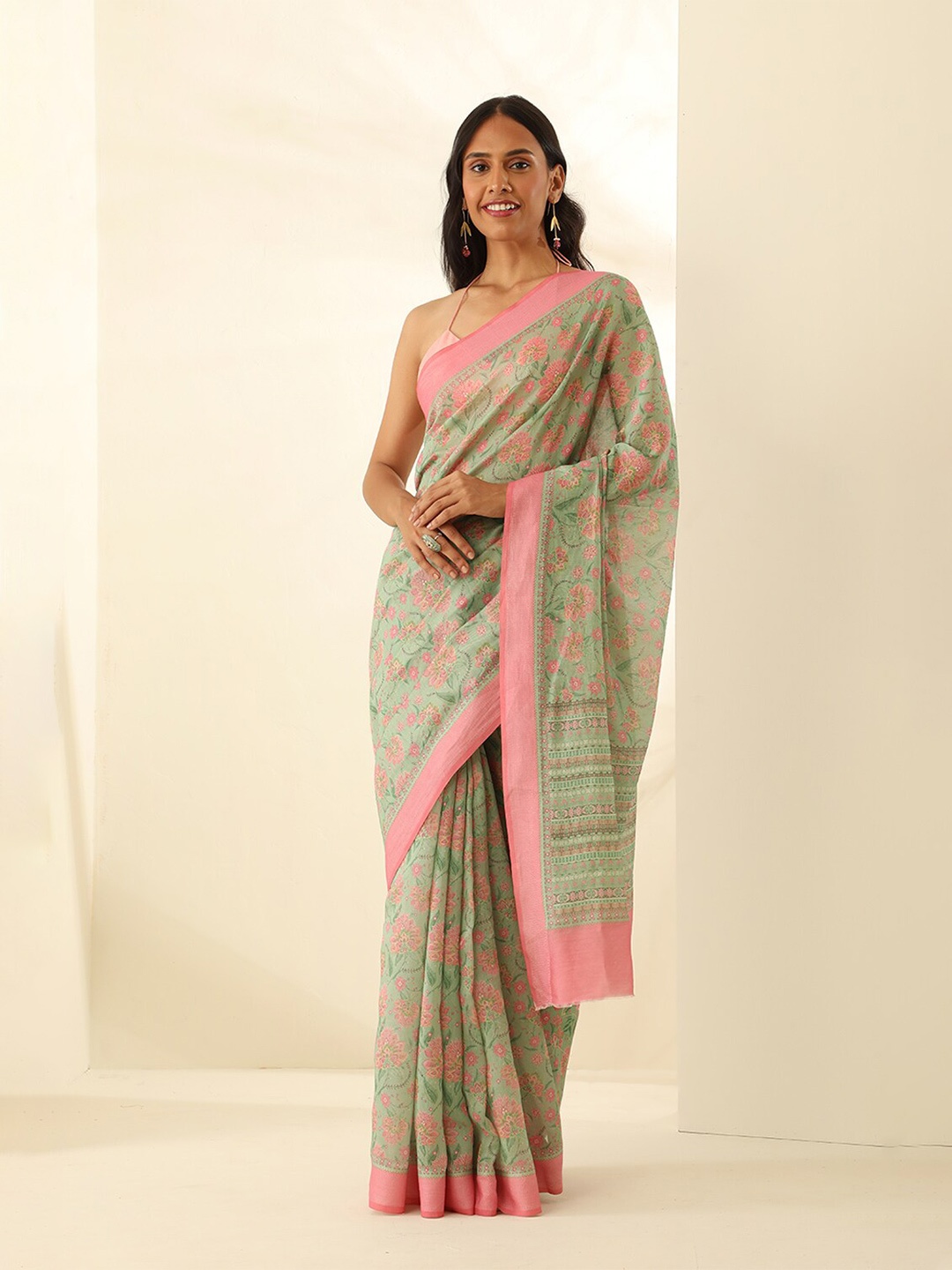 

Taneira Floral Silk Cotton Saree, Green