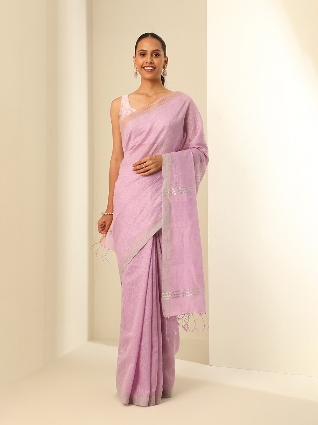 

Taneira Zari Pure Cotton Block Print Saree, Lavender