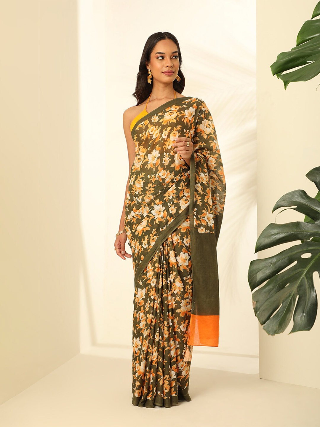 

Taneira Floral Pure Cotton Block Print Saree, Green