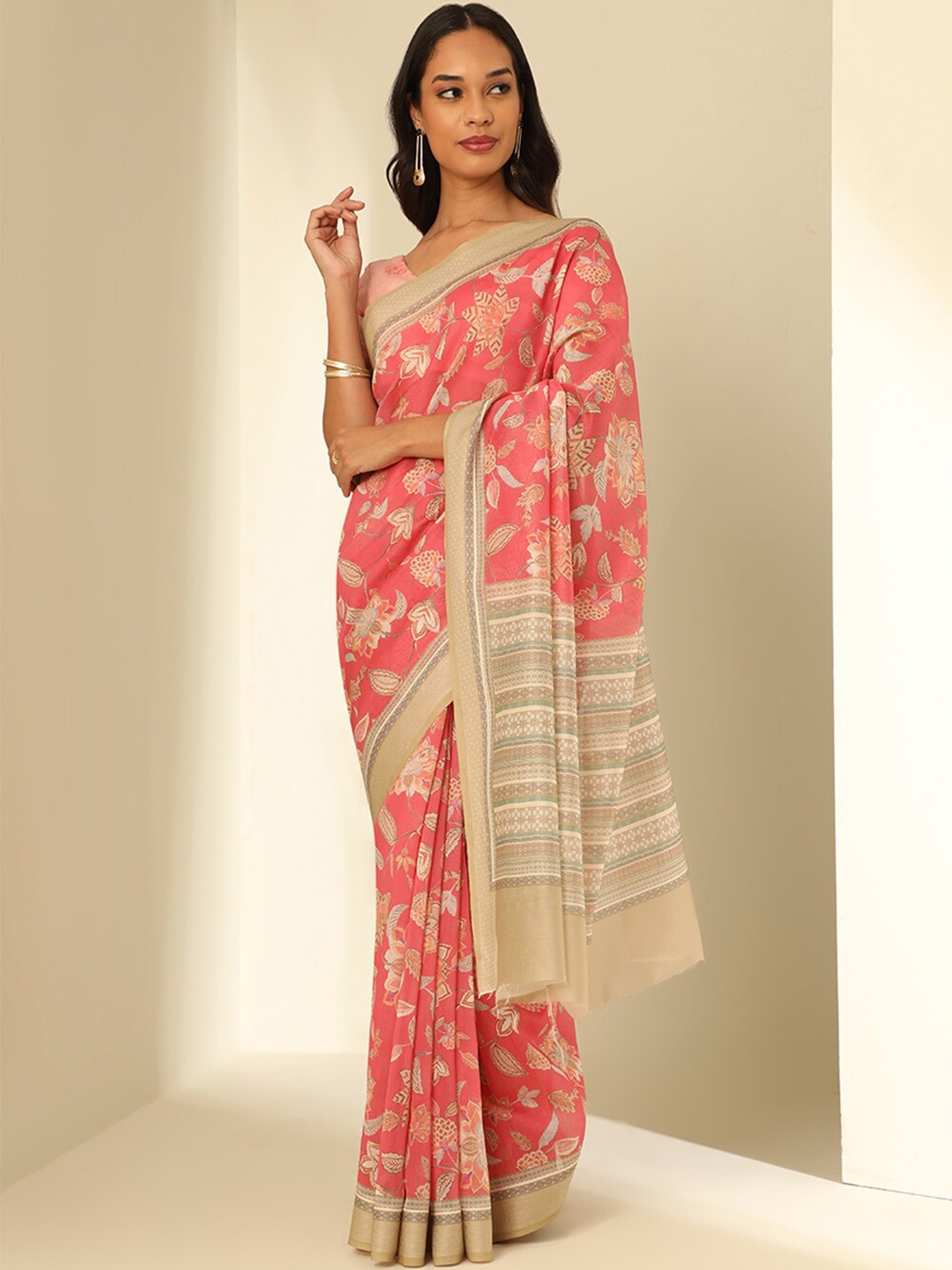 

Taneira Floral Block Printed Silk Cotton Saree, Pink