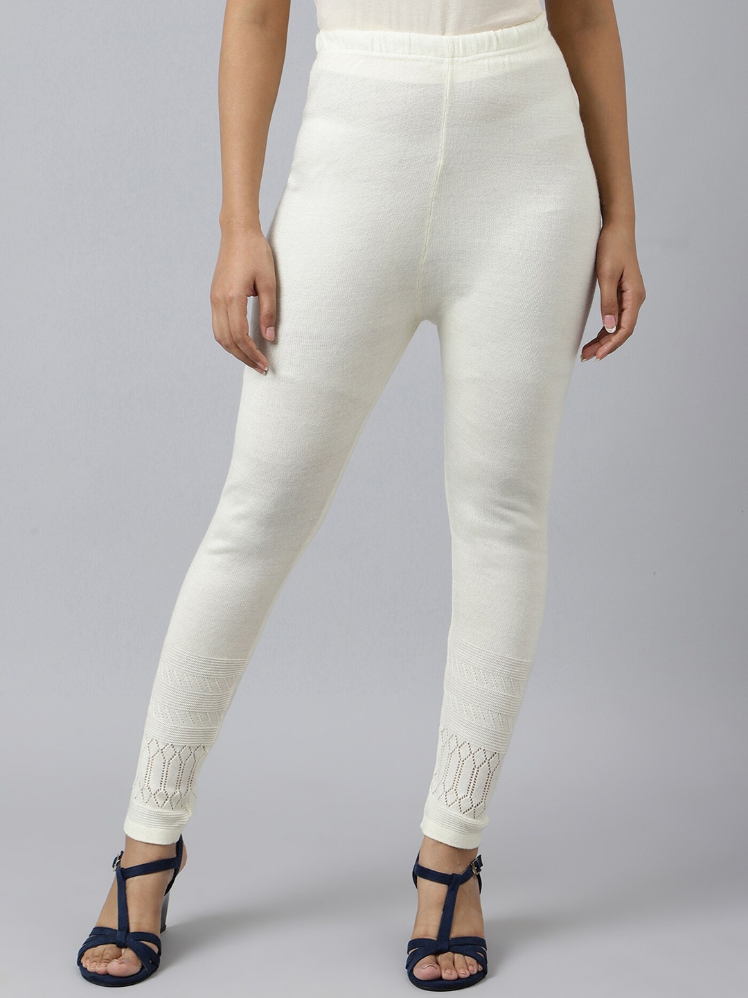 

AURELIA Pointel Designed Stretchable Ankle-Length Leggings, White