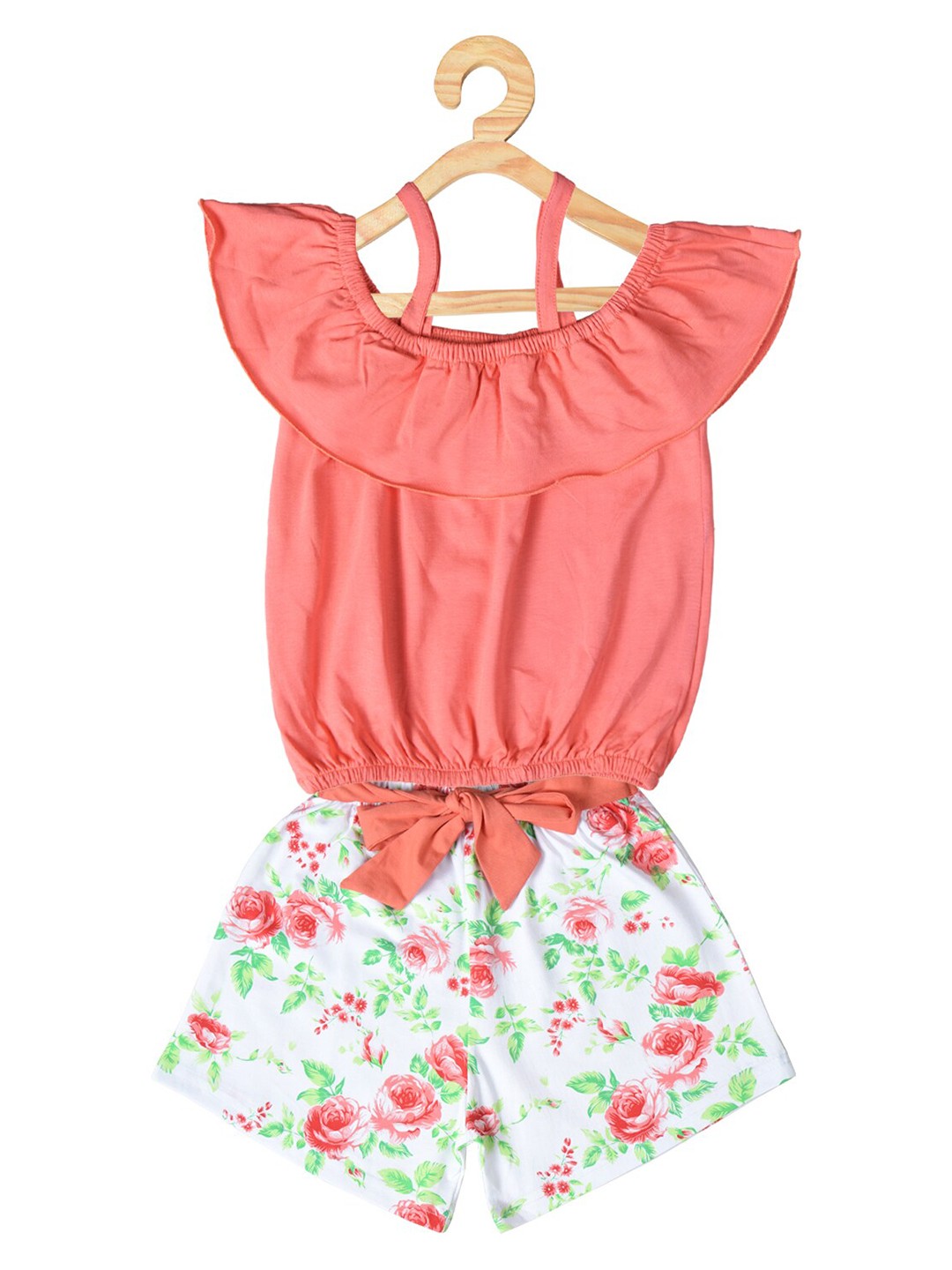 

POMY & JINNY Girls Floral Printed Pure Cotton Top With Shorts, Orange