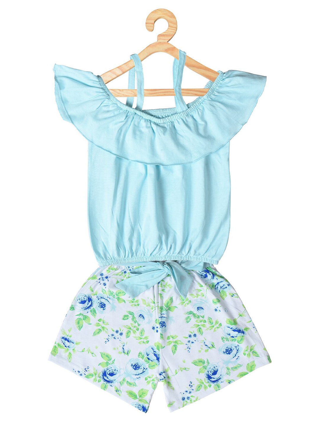 

POMY & JINNY Girls Floral Printed Pure Cotton Top With Shorts, Turquoise blue