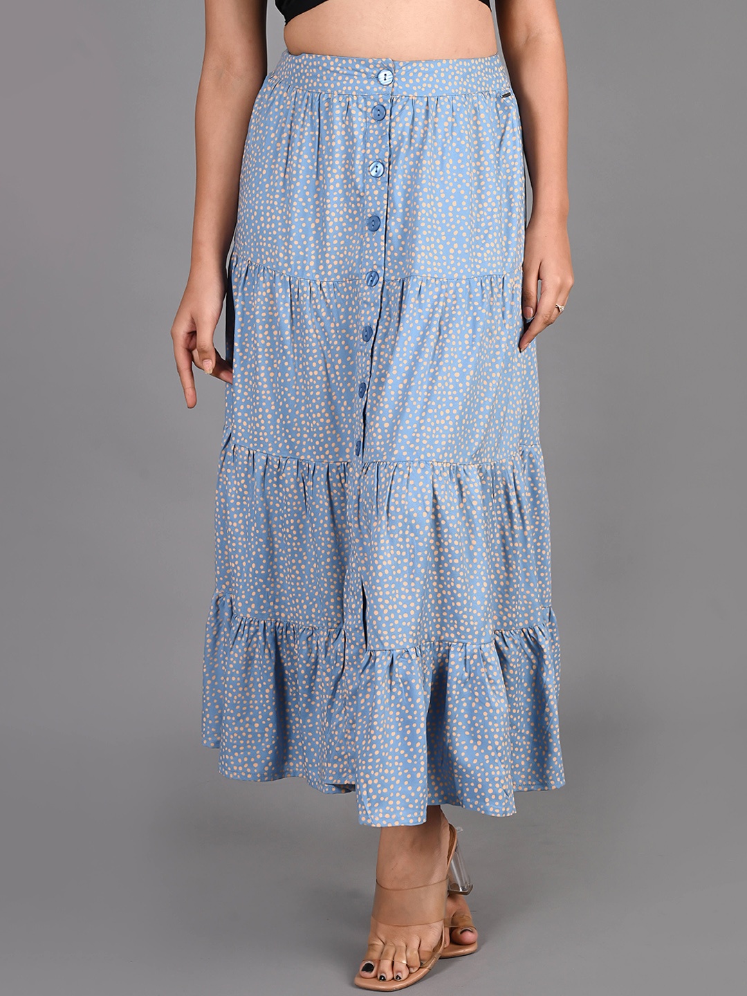 

KALINI Women Geometric Printed Midi-Length Tiered Skirts, Blue