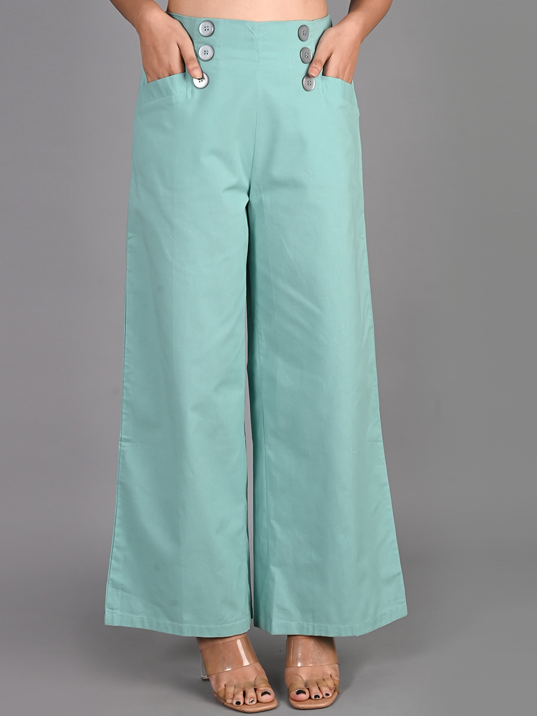 

KALINI Women Smart Flared High-Rise Plain Cotton Parallel Trousers, Blue