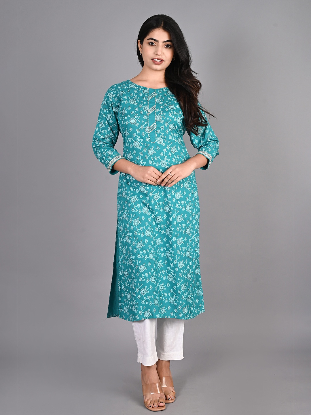 

KALINI Floral Printed Gotta Patti Detail Straight Kurta, Turquoise blue