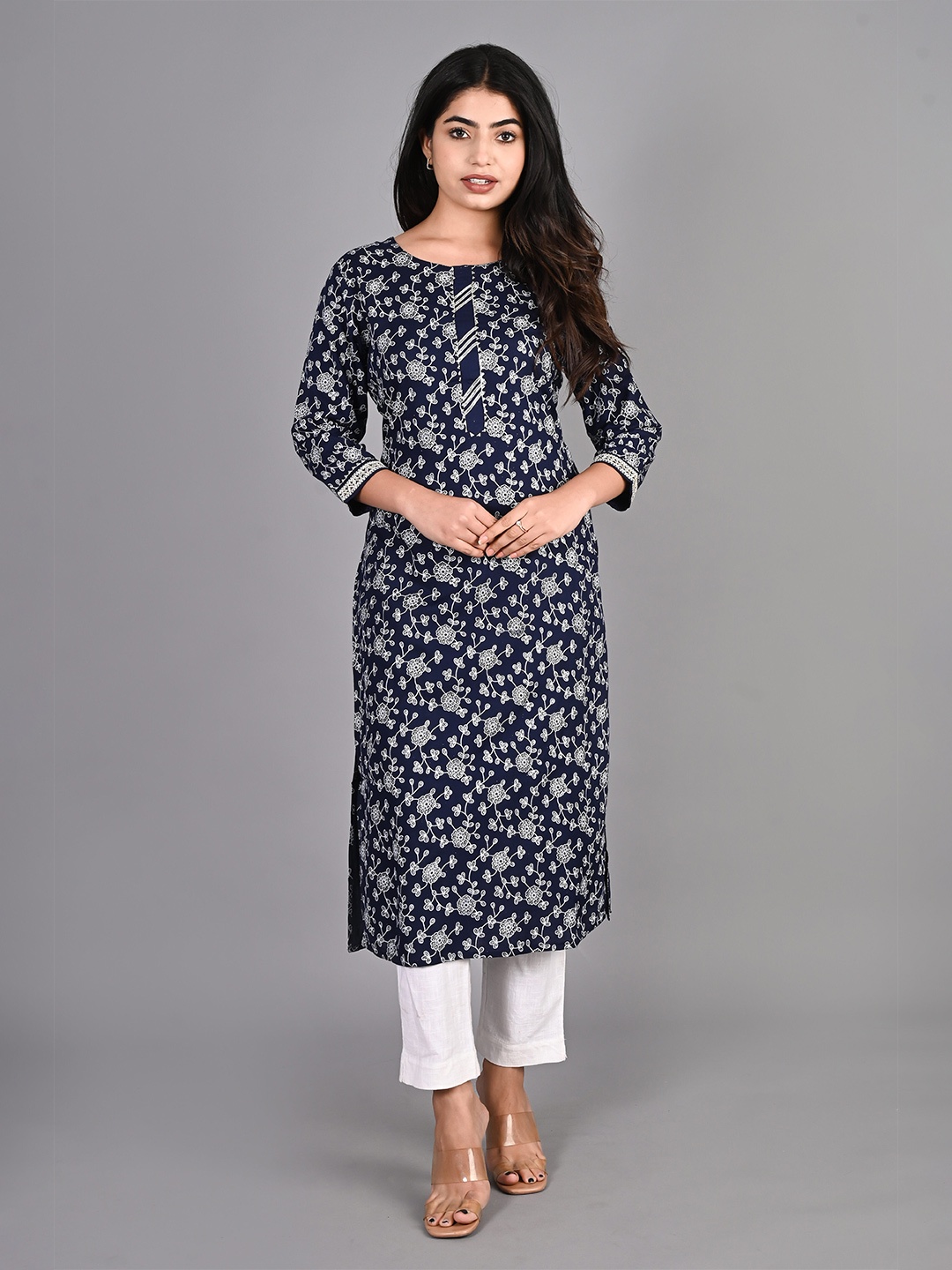 

KALINI Ethnic Motifs Printed Cotton Silk Kurta, Navy blue