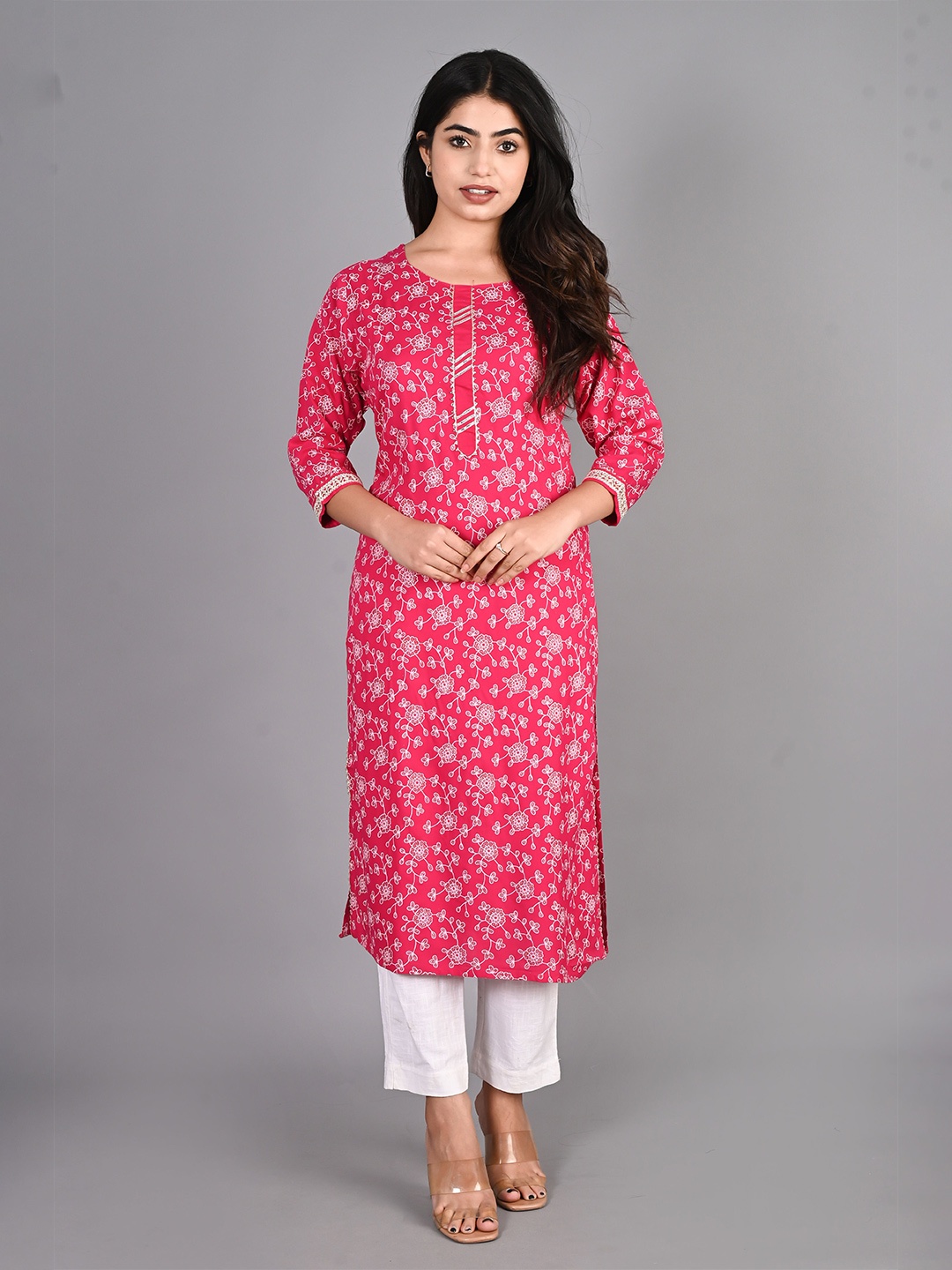 

KALINIEthnic Motifs Printed Gotta Patti Straight Kurta, Pink