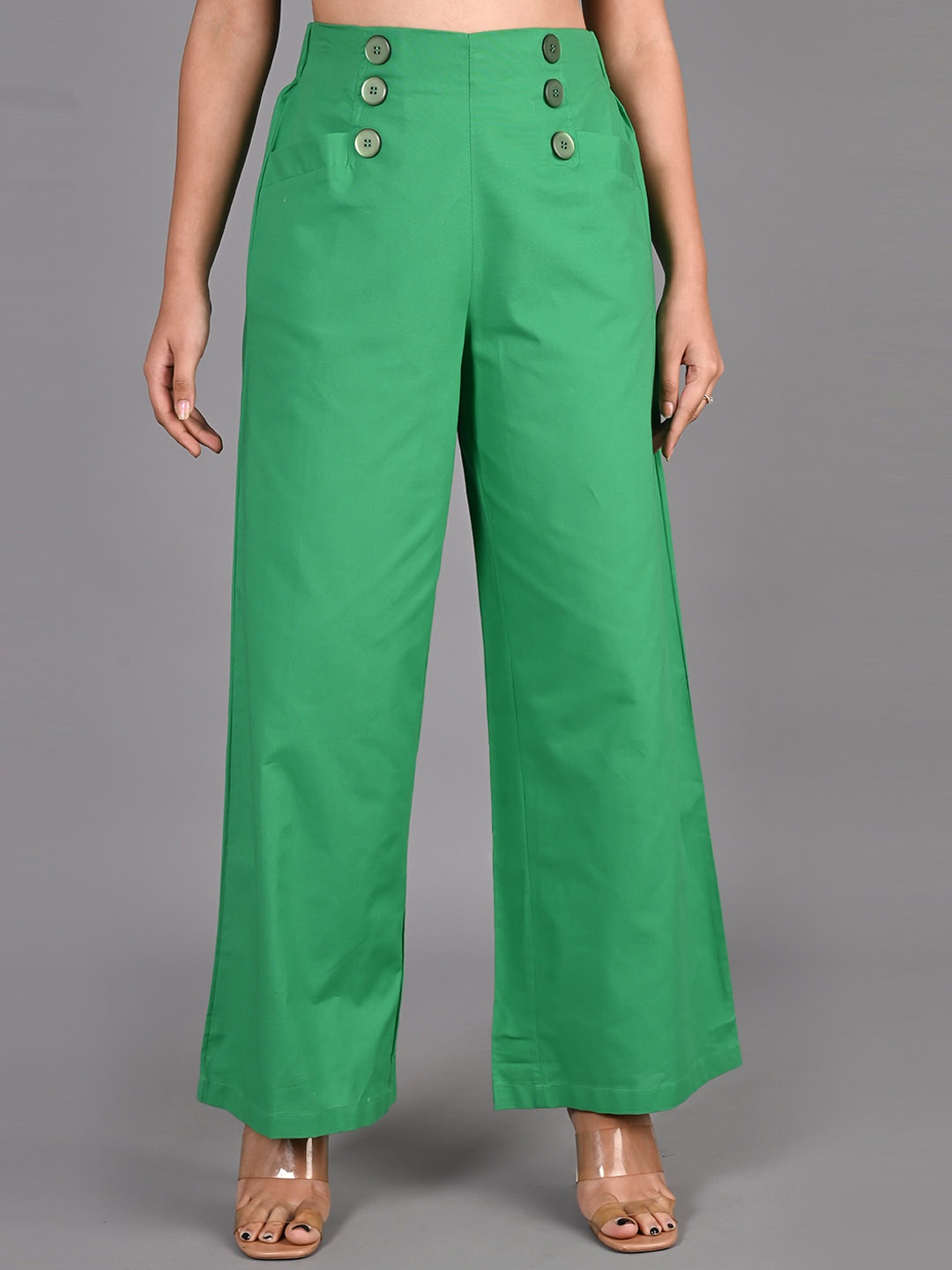 

KALINI Women Smart Flared High-Rise Plain Cotton Parallel Trousers, Green