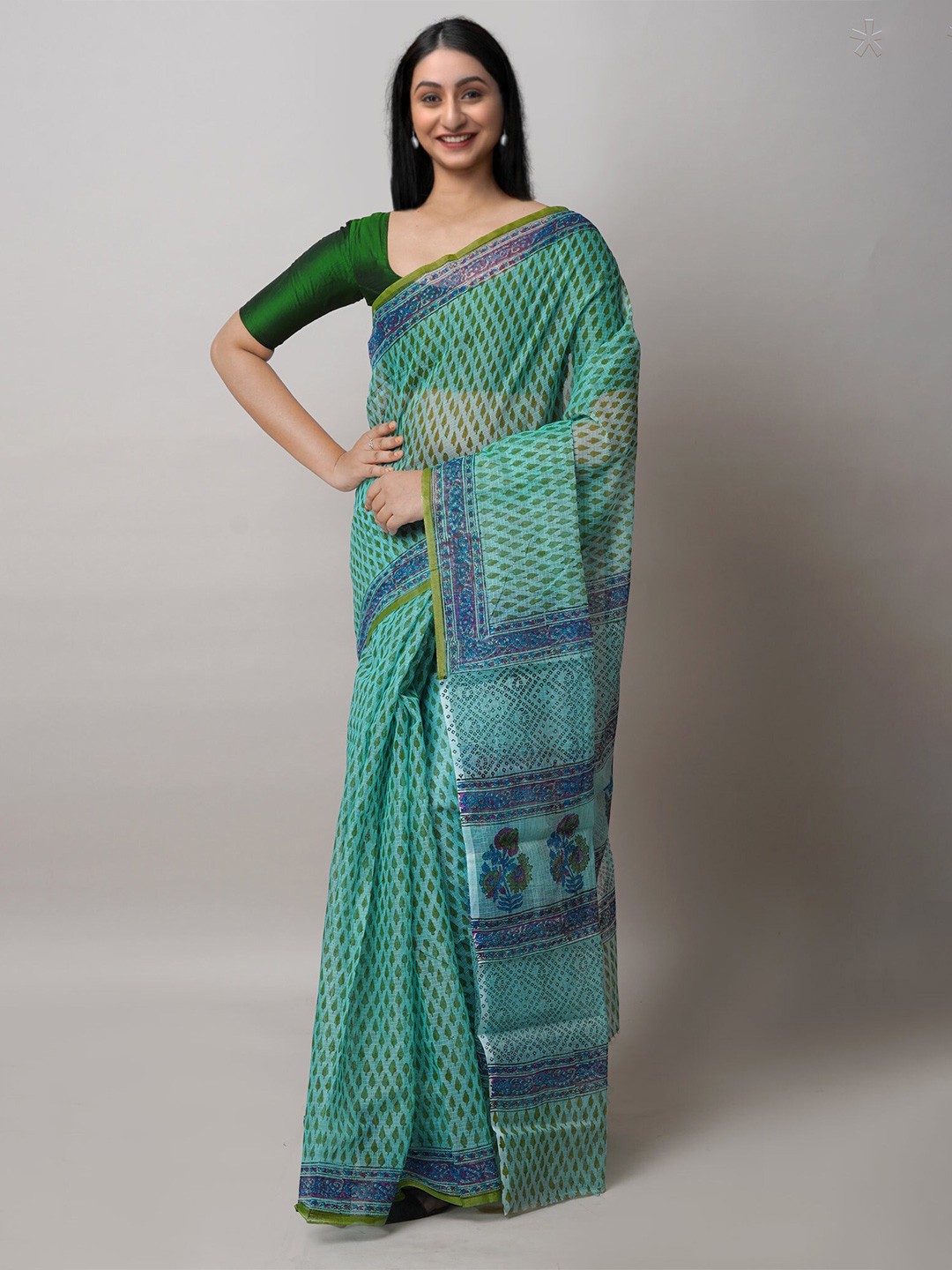 

Unnati Silks Ethnic Motifs Printed Pure Cotton Handloom Kota Saree, Turquoise blue