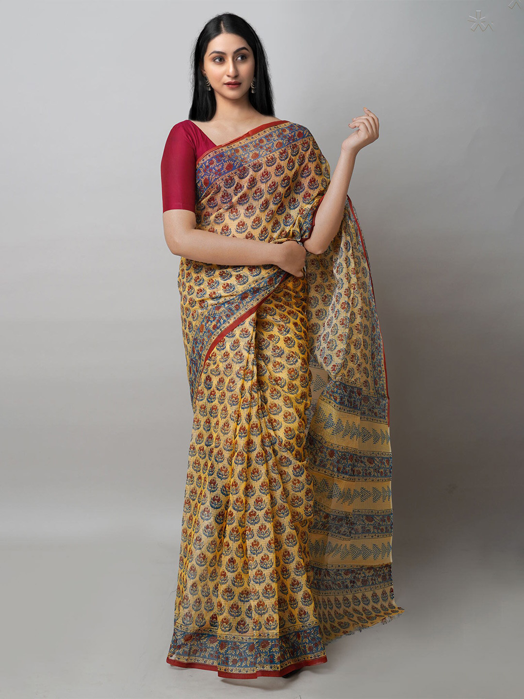 

Unnati Silks Floral Printed Handloom Pure Cotton Kota Saree, Yellow