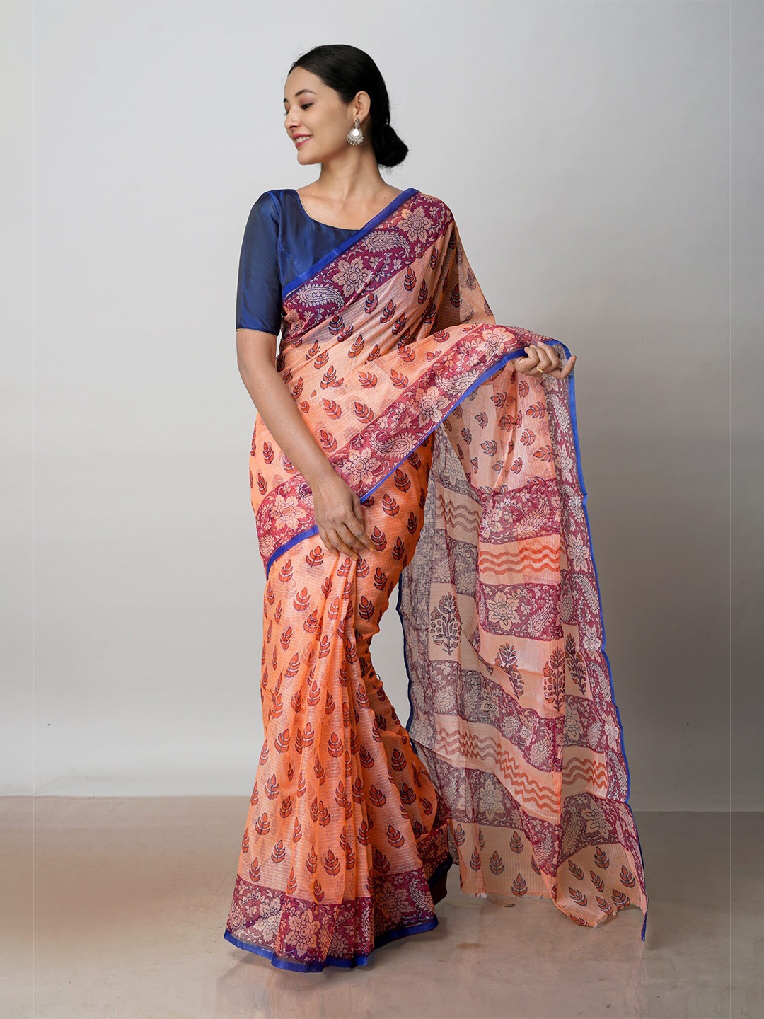 

Unnati Silks Ethnic Motif Printed Handloom Pure Cotton Kota Saree, Orange