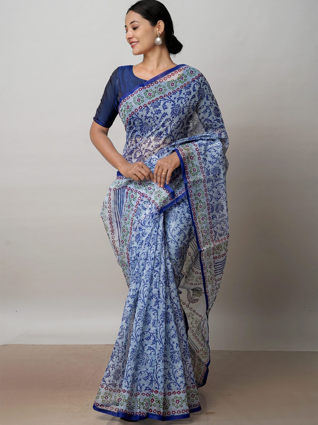 

Unnati Silks Ethnic Motifs Printed Handloom Pure Cotton Kota Saree, Grey