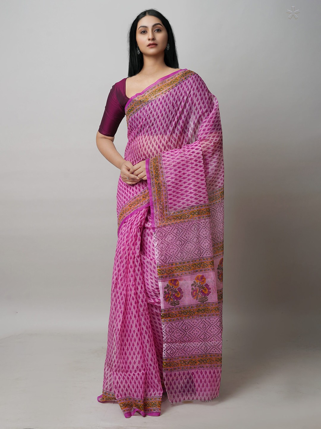 

Unnati Silks Ethnic Motifs Printed Handloom Pure Cotton Kota Saree, Pink