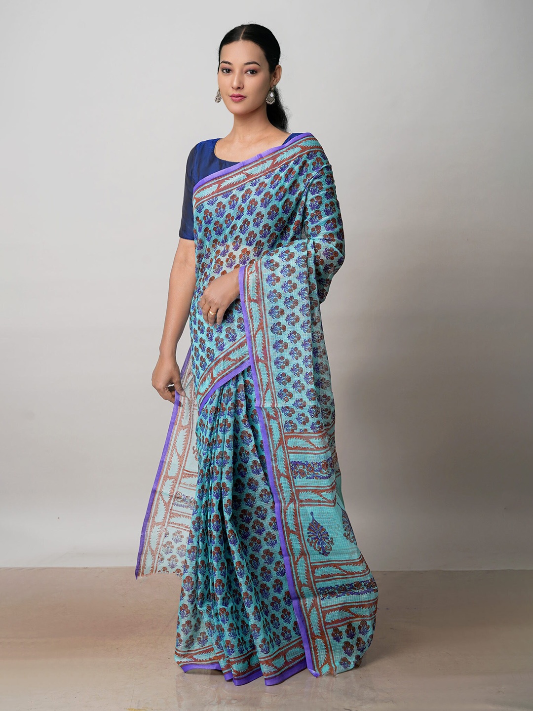 

Unnati Silks Ethnic Motifs Printed Pure Cotton Handloom Kota Saree, Turquoise blue